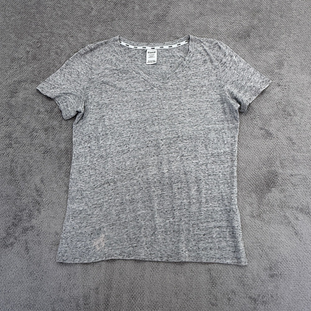 Pink Victoria's Secret V-Neck T-Shirt Womens L Gray Marled Short Sleeve Tee